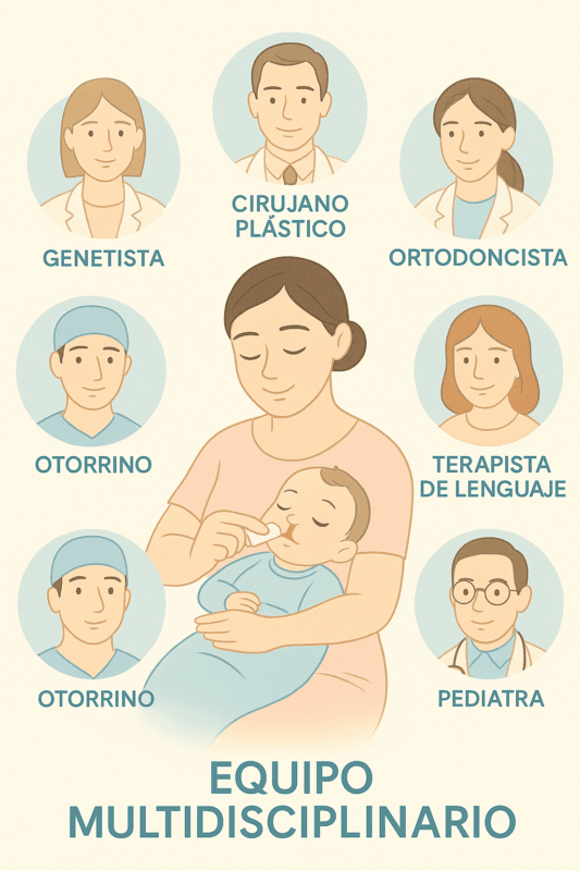 Ilustración del equipo multidisciplinario para el tratamiento y seguimiento médico de la fisura de labio y paladar