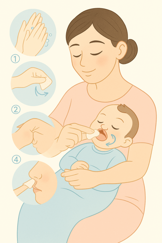 Ilustración paso a paso sobre la higiene bucal y limpieza de la zona afectada en bebés con fisura labiopalatina