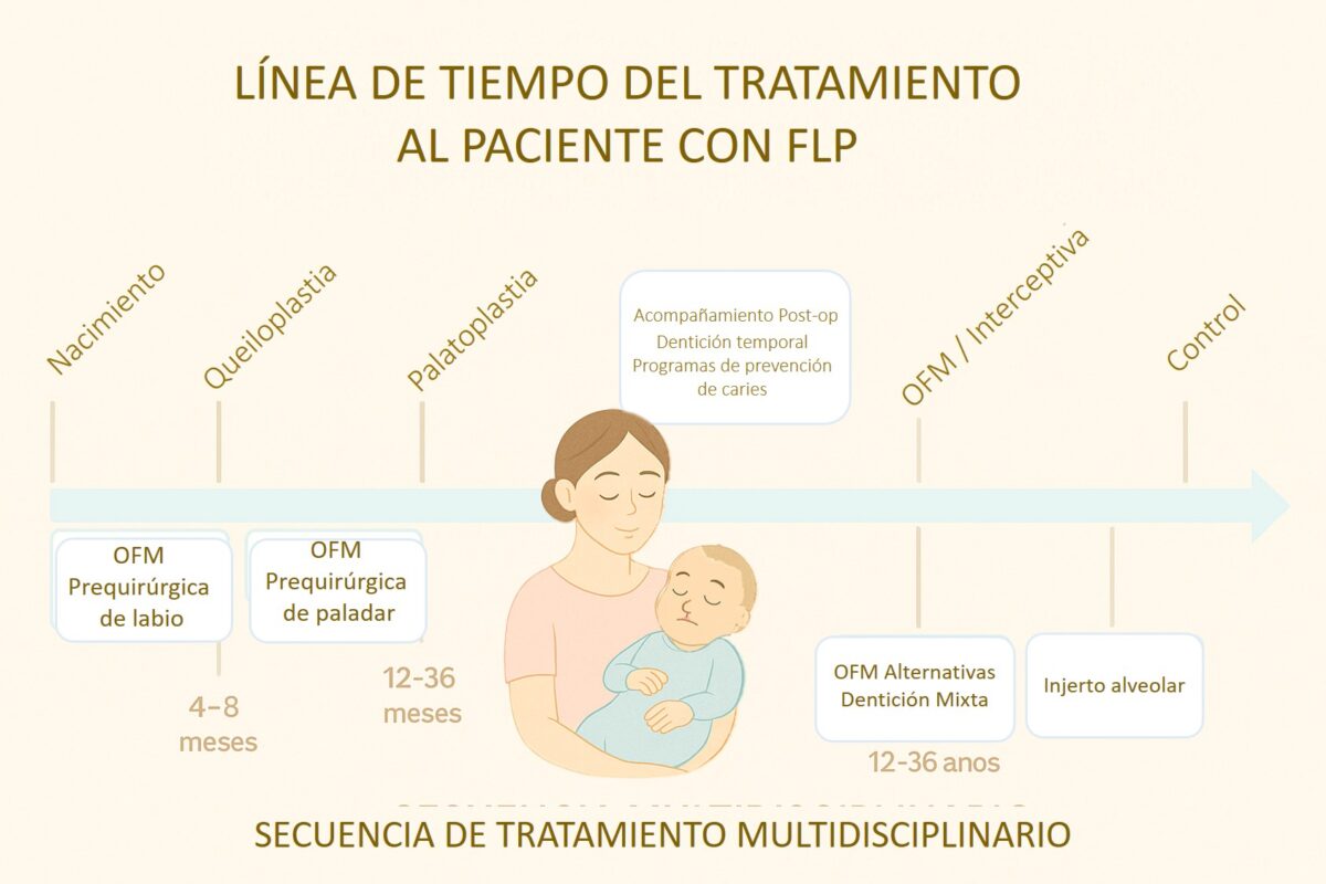 Gráfico de la línea de tiempo del tratamiento multidisciplinario para pacientes con fisura de labio y paladar, desde el nacimiento hasta la adultez
